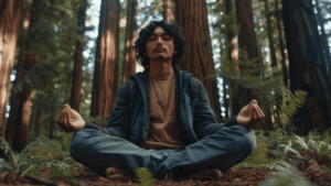 Young Indian man mediating in the redwood forests | Daily Routine for Men