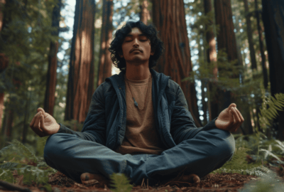 Young Indian man mediating in the redwood forests | Daily Routine for Men