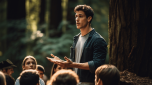 Young man giving a lecture on self-improvement in the middle of the woods | how to self-improve as a man