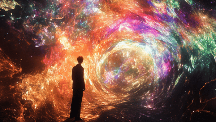 a man standing in front of a colorful swirl of light | Law of Assumption