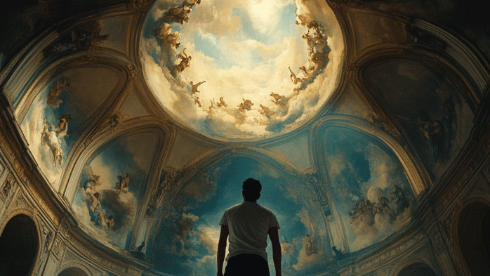 a man standing in a room with a ceiling with a sky and clouds | Law of Assumption