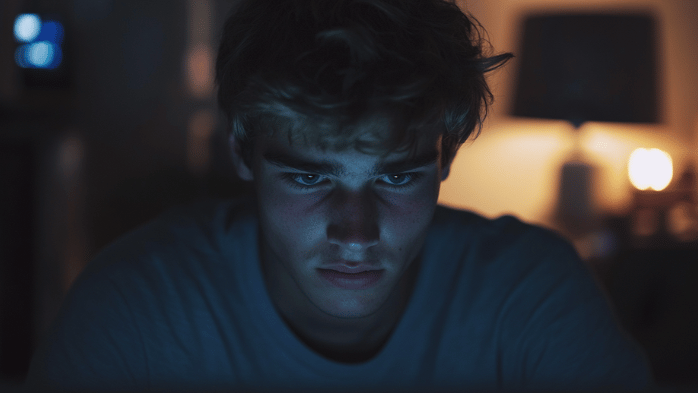 young white man staring at a screen