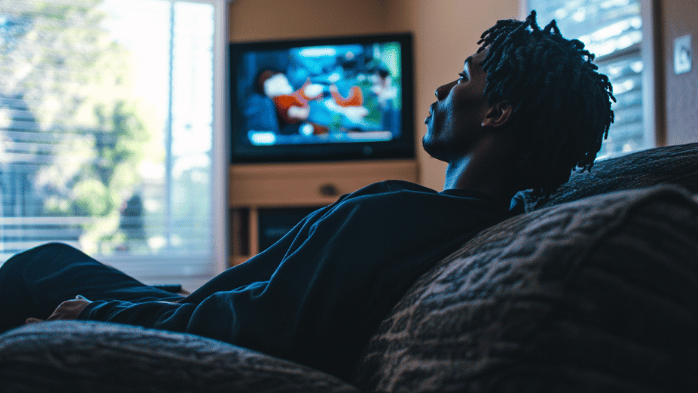 young black man staring at a screen in a daze.